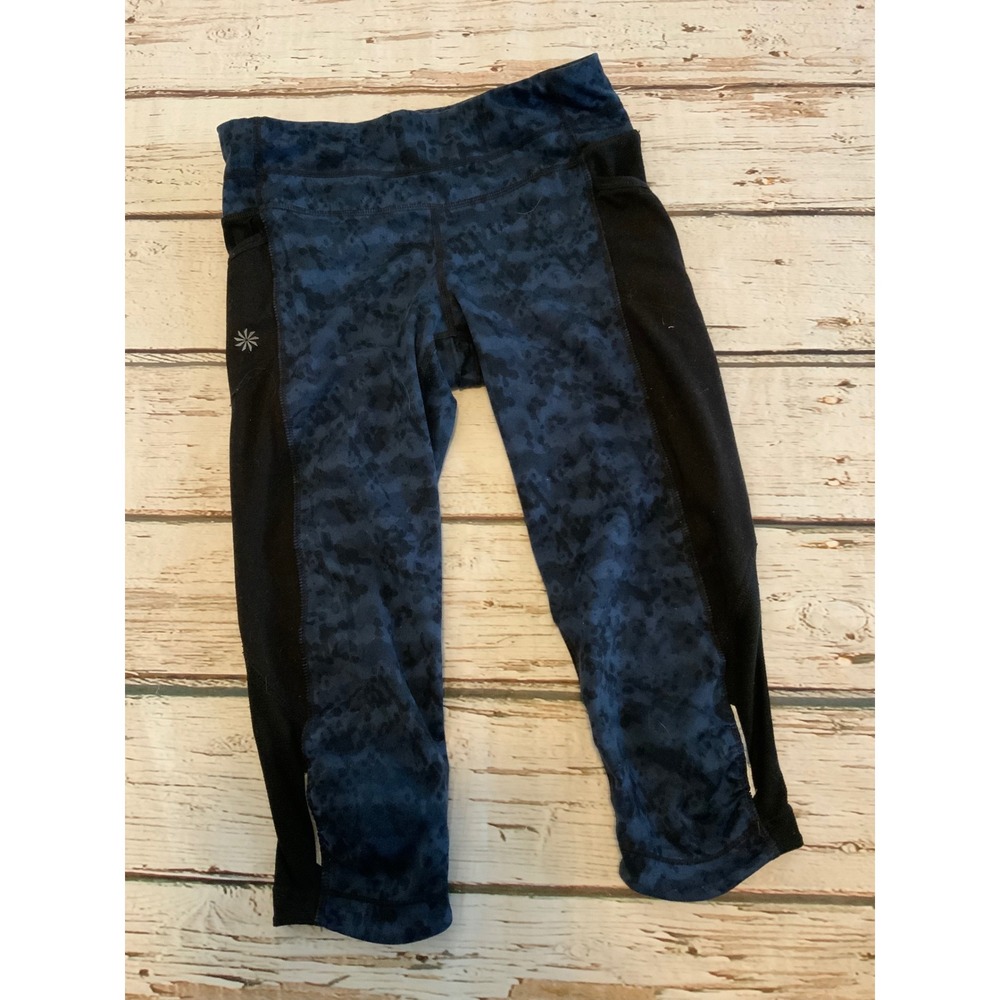 Athleta Women's Blue Camo Mesh Panel Capri Leggings XS Pockets‎ Workout